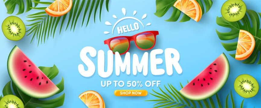 Summer Sale poster or banner template with Colorful Sunglasses, slices of Watermelon,Orange and Kiwi fruit on Tropical leaves and blue background.Promotion and shopping template for Summer season