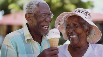 Senior couple enjoying ice cream together, sweet moment of happiness and love - obrazy, fototapety, plakaty