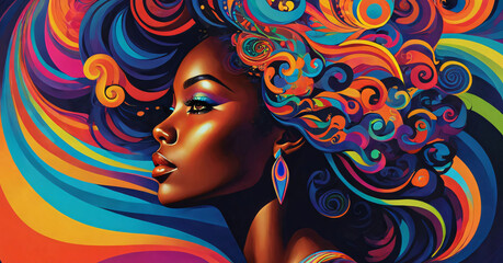 Profile of a young woman in psychedelic style, bright colors, makeup.