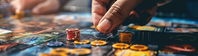 A hand exchanging stock market tokens over a board game, illustrating strategy, with 20 free space around for play and reality blend hyper realistic - obrazy, fototapety, plakaty