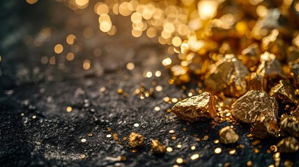 Shimmering Gold Nuggets on Dramatic Black Background, Concept of Wealth and Treasure, Abstract Photo - obrazy, fototapety, plakaty