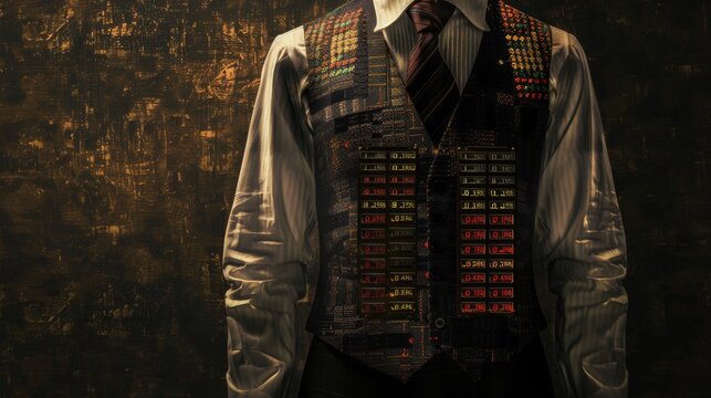 A chest clad in a vest, each button a mini screen showing live stock prices, with 20 free space around for the investors horizon low texture
