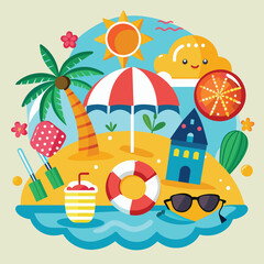 Colorful Flat Design Summer Beach Vacation Illustration