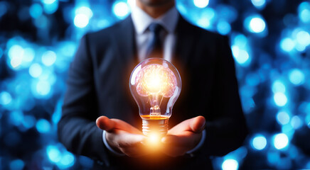 Fototapeta premium Innovative Businessman with Brain Illuminates Ideas Holding Light Bulb, Conceptual Creativity. Thoughtful Businessman Sparks Creativity Holding Light Bulb with Brain, Innovative Solutions Unveiled.