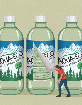 Woman peeling back label on mineral water bottle to reveal plastic pollution