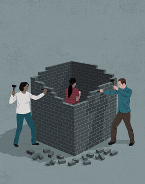 Mother and father breaking down wall surrounding teenage daughter