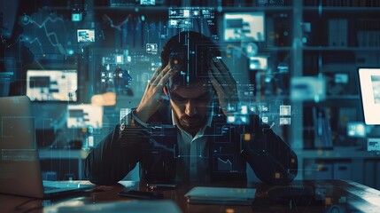 Stressed businessperson overwhelmed by data overload and social media notifications in high-tech office - obrazy, fototapety, plakaty