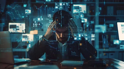 Fotobehang Stressed businessperson overwhelmed by data overload and social media notifications in high-tech office © Bijac