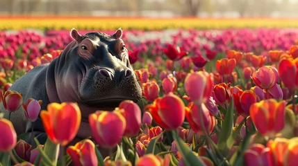 Poster A chubby hippo in a field of vivid tulips, rendered in stunning anamorphic art, bending reality © Naraksad