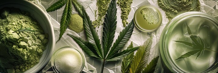 A commercial photograph on the use of sugar cane leaves, when processed into cannabis oil for food purposes or in the manufacture of concentrates, with text inserts briefly explaining each process. - obrazy, fototapety, plakaty