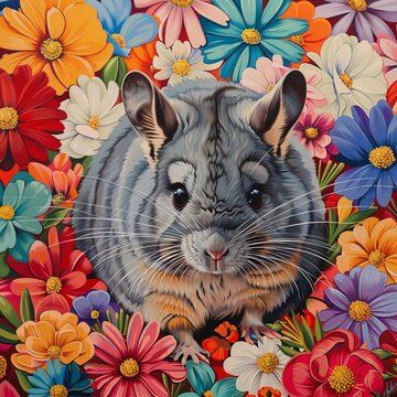 Pop art and realism collide in a close-up of a chubby chinchilla amidst a canvas of vivid flowers