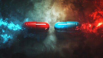 Thought-provoking concept art depicting the choice between the red pill of truth and the blue pill of illusion, a powerful metaphor for belief and reality - obrazy, fototapety, plakaty