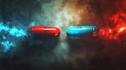 Fotobehang Thought-provoking concept art depicting the choice between the red pill of truth and the blue pill of illusion, a powerful metaphor for belief and reality © Bijac