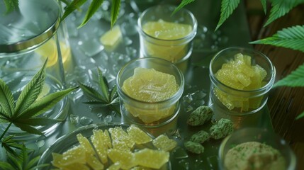 A commercial photograph on the use of sugar cane leaves, when processed into cannabis oil for food purposes or in the manufacture of concentrates, with text inserts briefly explaining each process.
