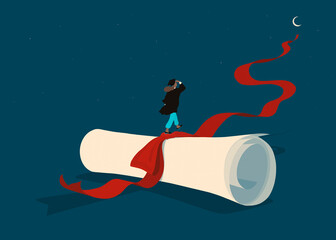 Female graduate looking at moon along degree ribbon path