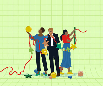 Colleagues working together to thread items on line graph