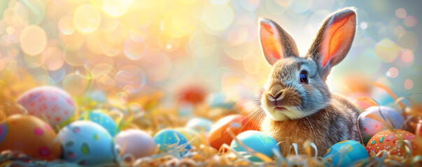 Easter joy with a baby rabbits adorable portrait its cute smile radiating amidst vibrant Easter eggs perfect for a colorful banner