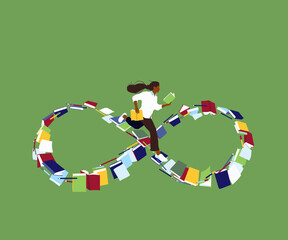 Student running on books forming infinity symbol 