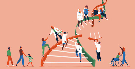 People working together to build DNA double helix