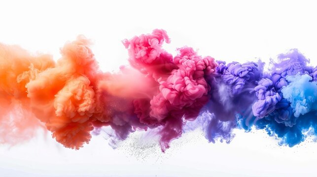 Vibrant set of colored smoke bomb explosions on white background, abstract powder clouds, holi festival concept, studio photography