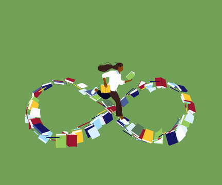 Student running on books forming infinity symbol 