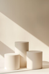 Three white podiums for the presentation of the product. White background. Minimal. beige. 3D rendering. Pedestals.