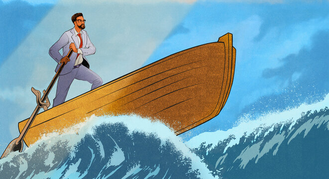 Determined businessman in rowing boat on top of wave
