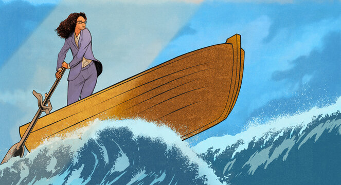 Determined businesswoman in rowing boat on top of wave