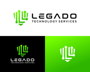 Letter L monogram shield technology connection company logo design.