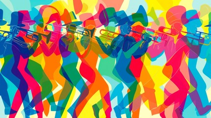 A colorful abstract representation of a marching band in formation - obrazy, fototapety, plakaty