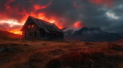 Foto op Plexiglas Fiery sunset skies crown an old wooden cabin, a forgotten relic framed by autumn's embrace. © Alex