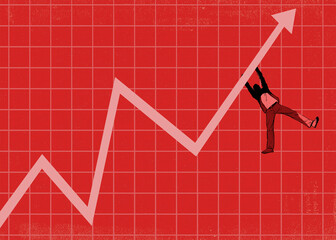 Man dangling from rising line graph arrow