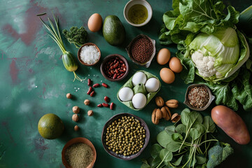 Fototapeta na wymiar Healthy and Colorful Ingredients Spread Out on a Green Table for Cooking and Meal Preparation