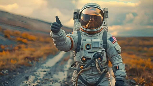 an astronaut standing on the roadside. Holding his thumb up for hitching.generative ai