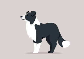 A black and white Border Collie standing alert and focused