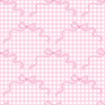 Bows Coquette Ribbon Soft Vintage Bow Tie Gingham Pink Background Texture Textile Seamless Pattern