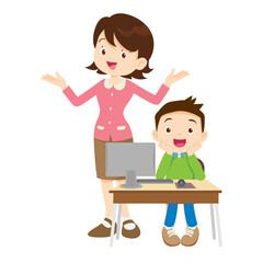 happy teacher and student learning computer