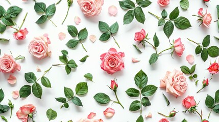 pink roses, lush green leaves, and delicate small flowers arranged on a white background, capturing the essence of elegance and beauty in a flat lay top view pattern.