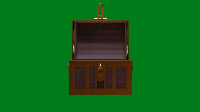 Open old wooden treasure box golden metal edge open and empty front view on green screen 3D rendering	