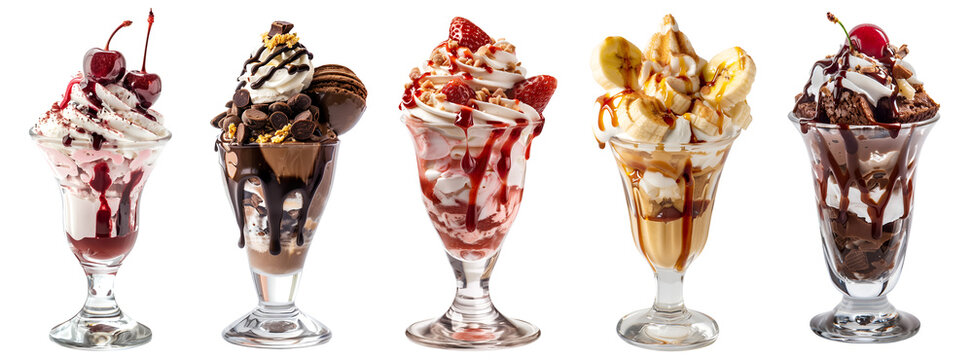 Collection of Sundae sundaes ice cream frozen dessert in tulip glass cup on transparent background cutout, PNG file. Many assorted different flavour Mockup template for artwork design	
