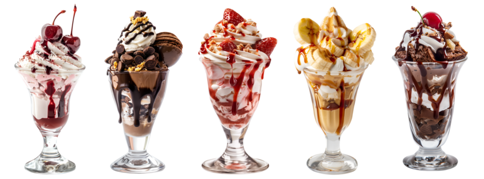 Collection of Sundae sundaes ice cream frozen dessert in tulip glass cup on transparent background cutout, PNG file. Many assorted different flavour Mockup template for artwork design	
