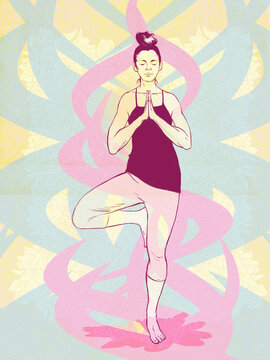 Woman standing in one legged prayer pose doing yoga