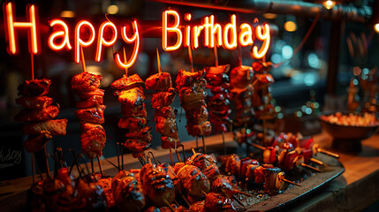 "Happy Birthday" crafted from an array of grilled kebabs and skewers the letters formed by different meats and marinades