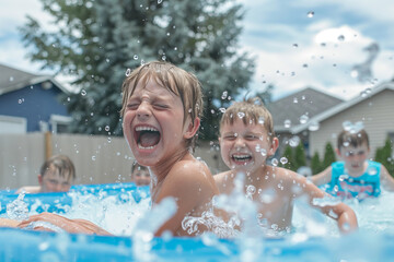 Children Splashing Water in Outdoor Pool - obrazy, fototapety, plakaty