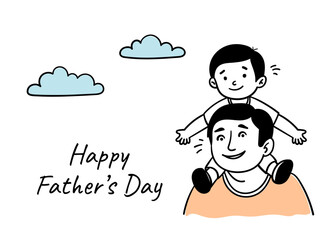 Father and son sitting on his shoulders. Father's Day. Simple doodle illustration. Template for greeting card, print, poster, sticker.