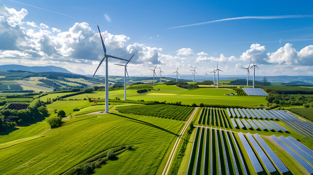 A field of wind turbines and solar panels. The wind turbines are spread out across the field, with some closer to the foreground and others further back