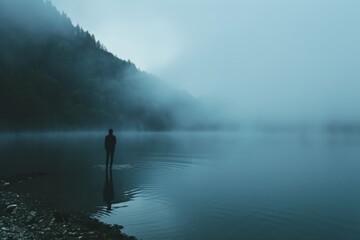 A lone figure standing at the edge of a mist-covered lake where the water is eerily still
