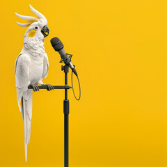 Cockatoo parrot talking with a microphone. Advertisement concept with wide copy space for text.
