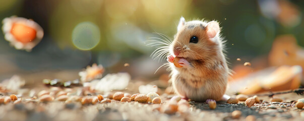 the adorable innocence of a baby hamster playing joyfully its cute portrait capturing a heartwarming smile while munching on a snack - obrazy, fototapety, plakaty
