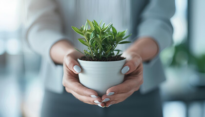 Business hands giving pot with green plants to each other are the symbol of green business company on blurred white office background - obrazy, fototapety, plakaty